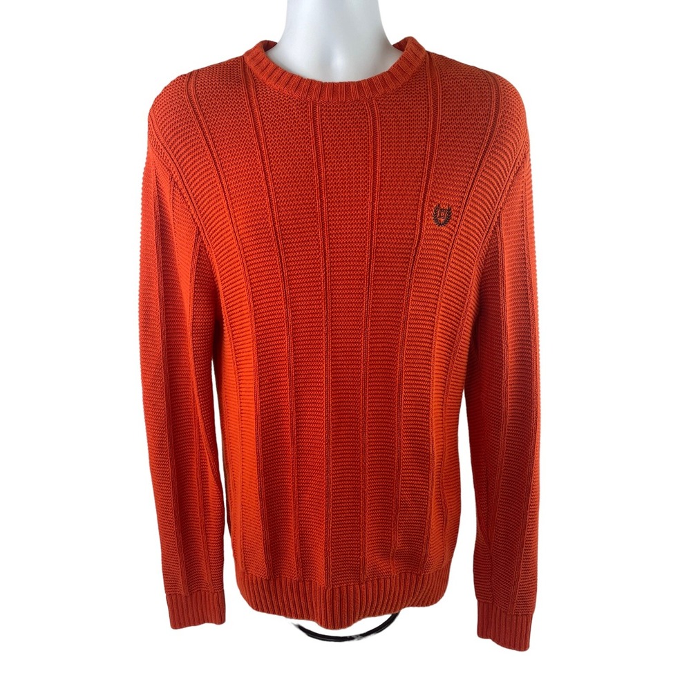 VTG Chaps Sweater Mens Medium Orange Cable Knit Long Sleeve Cotton Pullover